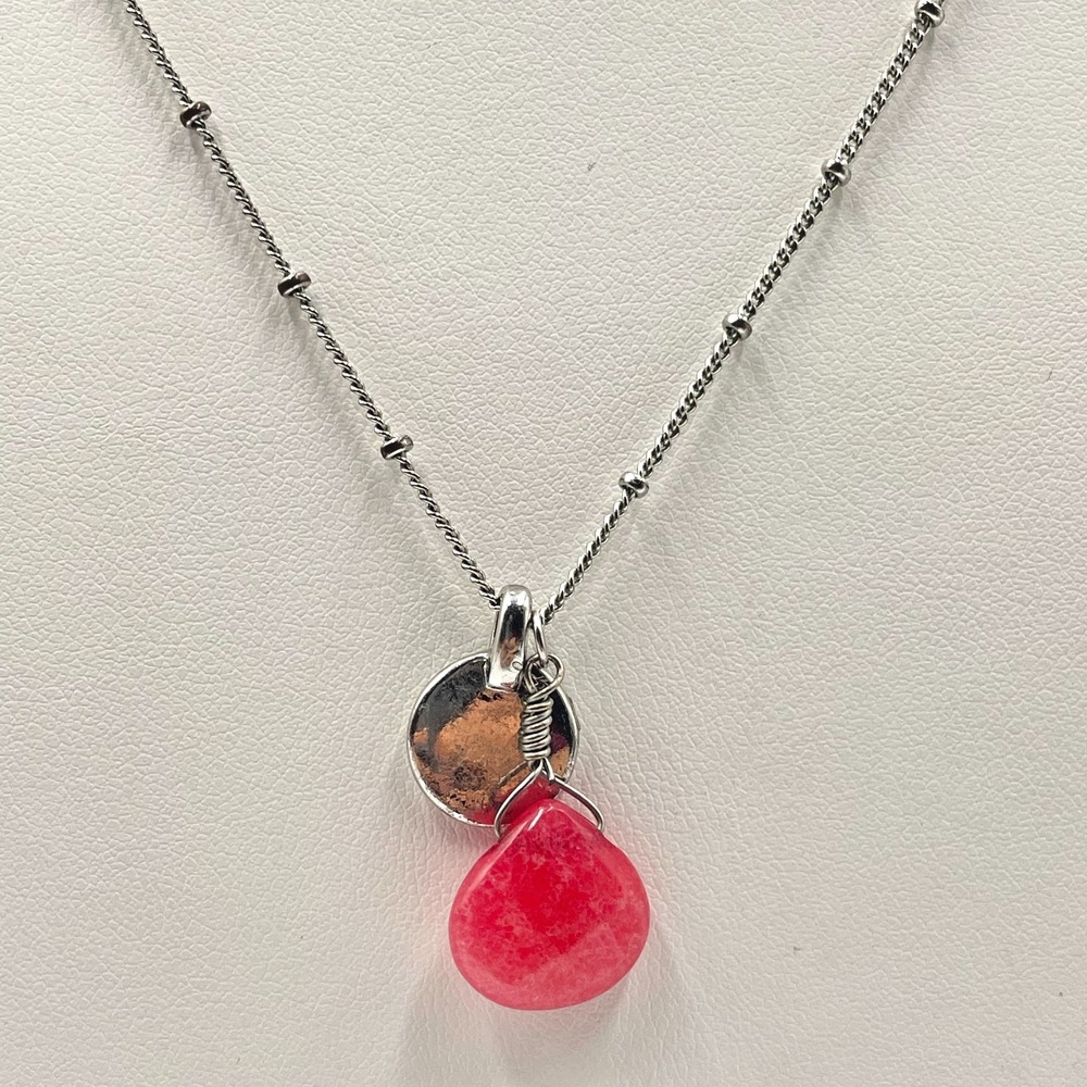 VTG Y2K Silver Tone Satellite Chain Pink Jade Teardrop Charm Pendant Necklace